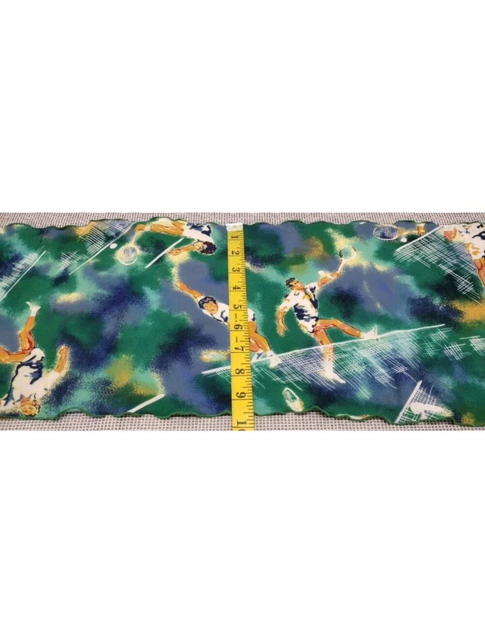 Vintage 60s 70s Oblong Long Scarf TENNIS PLAYERS Green White Blue Lettuce Edge
